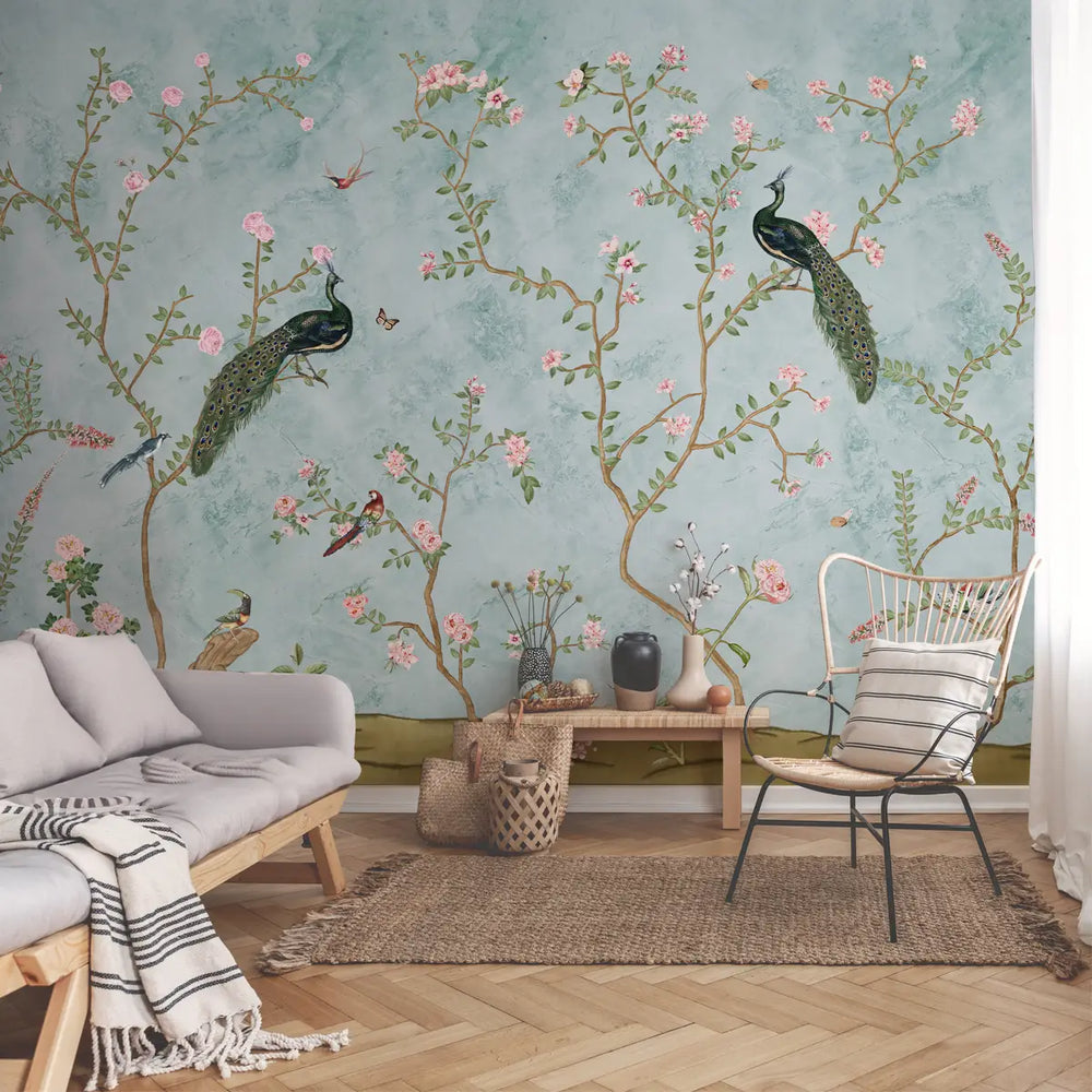 Bagiya, Peacock Chinoiserie Wallpaper in Indian Style, Customised