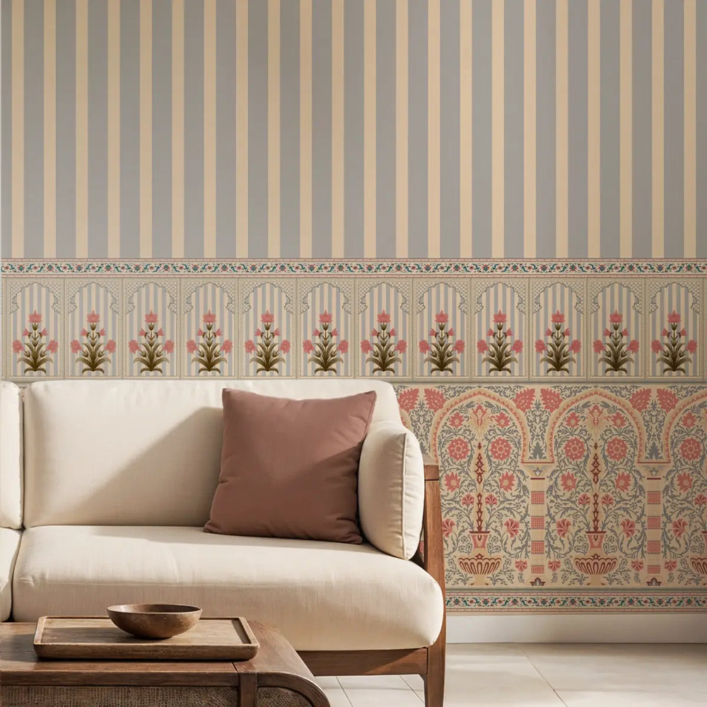 Kusum: Indian Floral Jharokha and Stripes Design Wallpaper