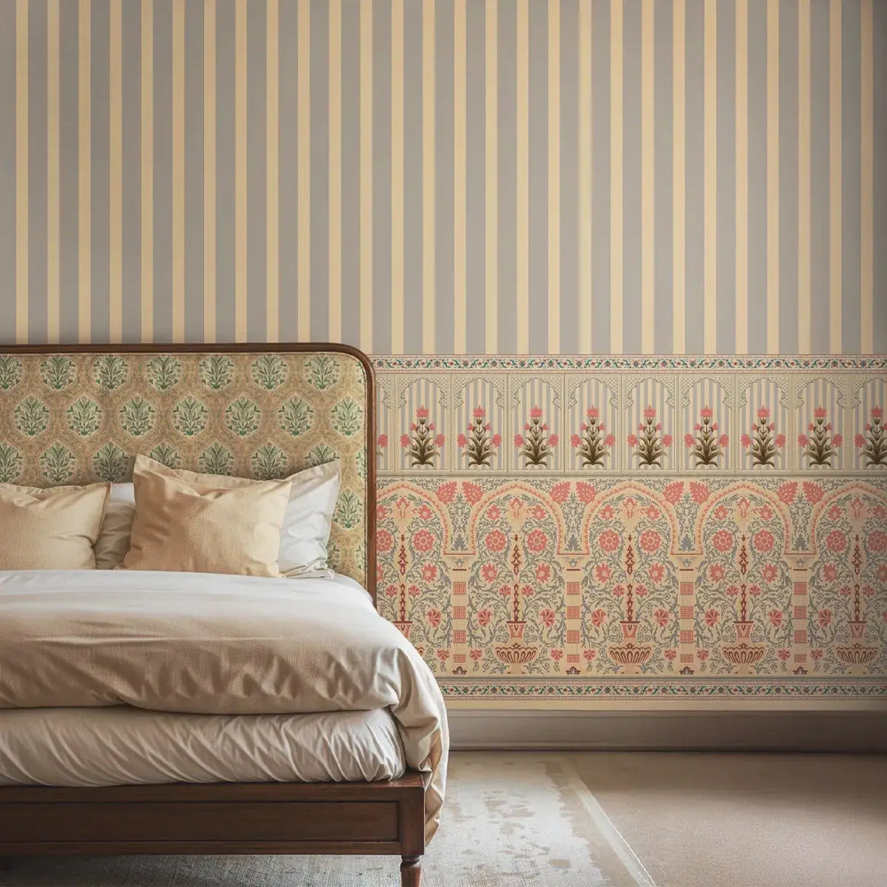 Kusum: Indian Floral Jharokha and Stripes Design Wallpaper