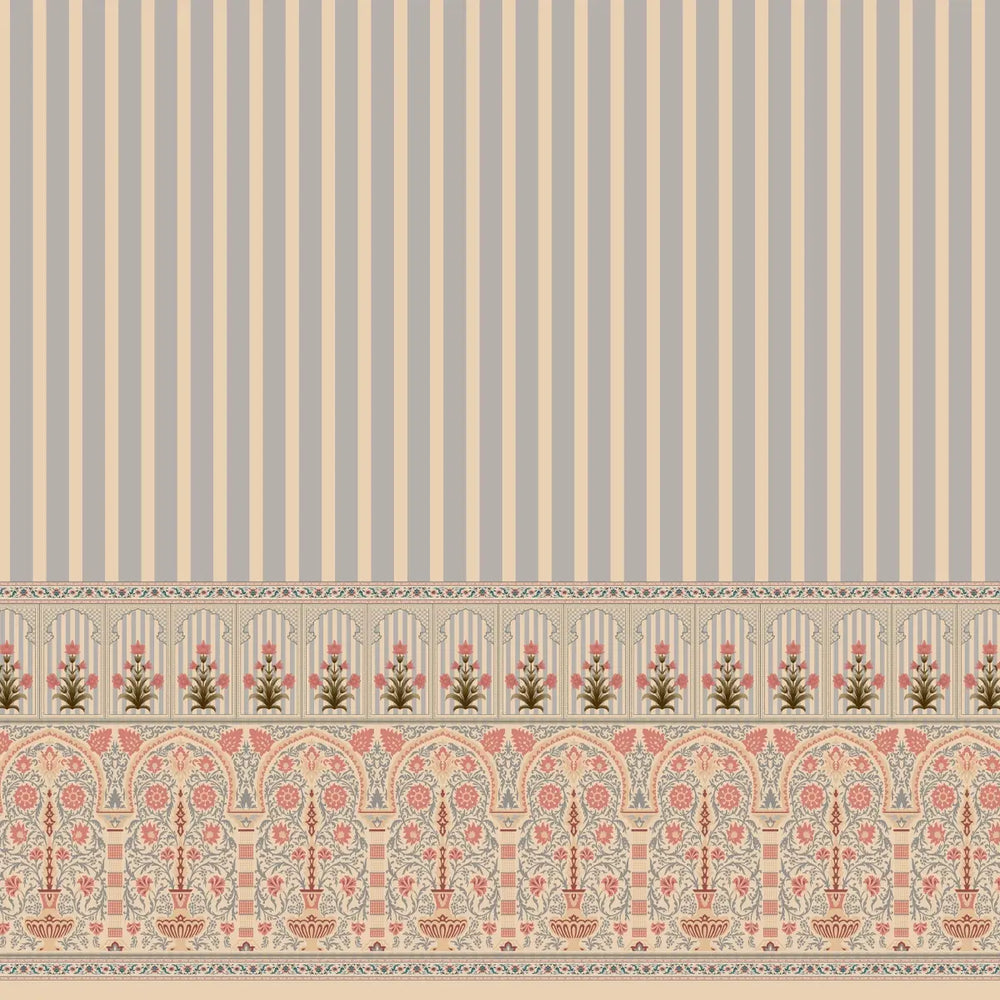 Kusum: Indian Floral Jharokha and Stripes Design Wallpaper
