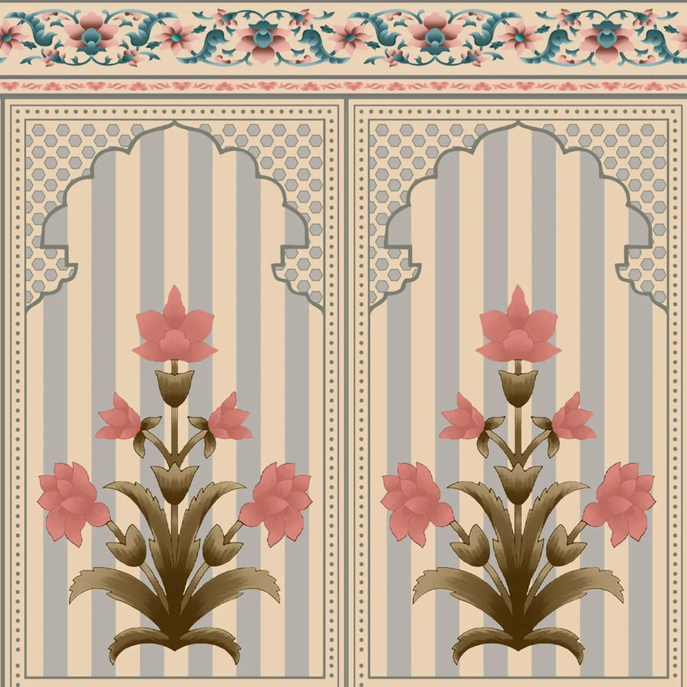 Kusum: Indian Floral Jharokha and Stripes Design Wallpaper