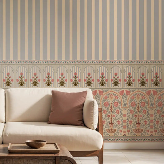 Kusum: Indian Floral Jharokha and Stripes Design Wallpaper